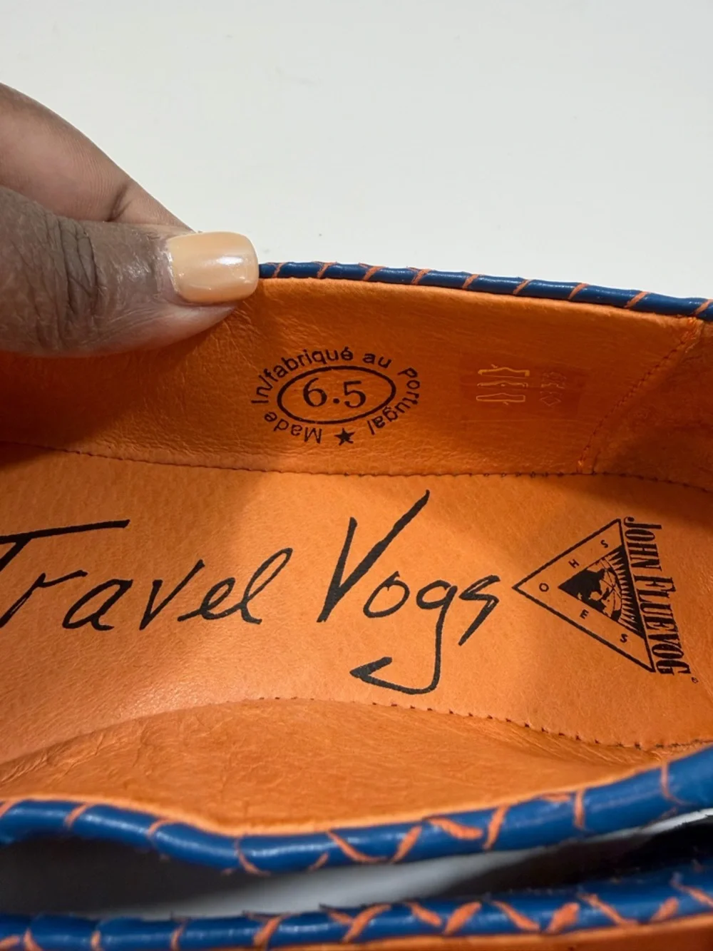 John Fluevog Blue Ballet Flats 6.5 Travel Vogs Embossed Croc Reptile Leather